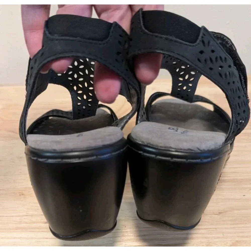JBU By Jambu Sandals 7.5M Chloe Wedge Heels Laser Cut Black Vegan Leather Strap